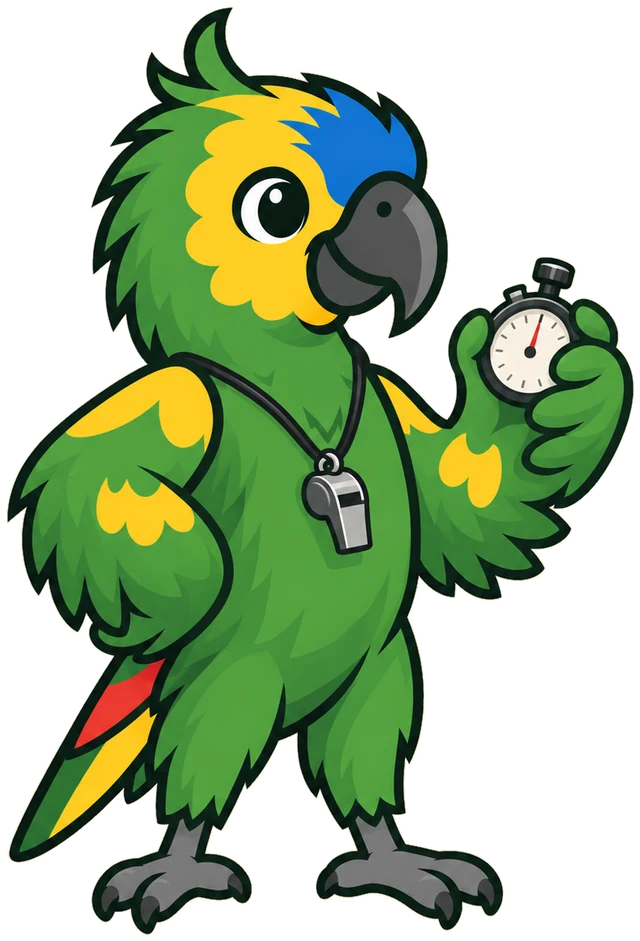 Paco, la mascotte du club, en coach avec sifflet et chronomètre