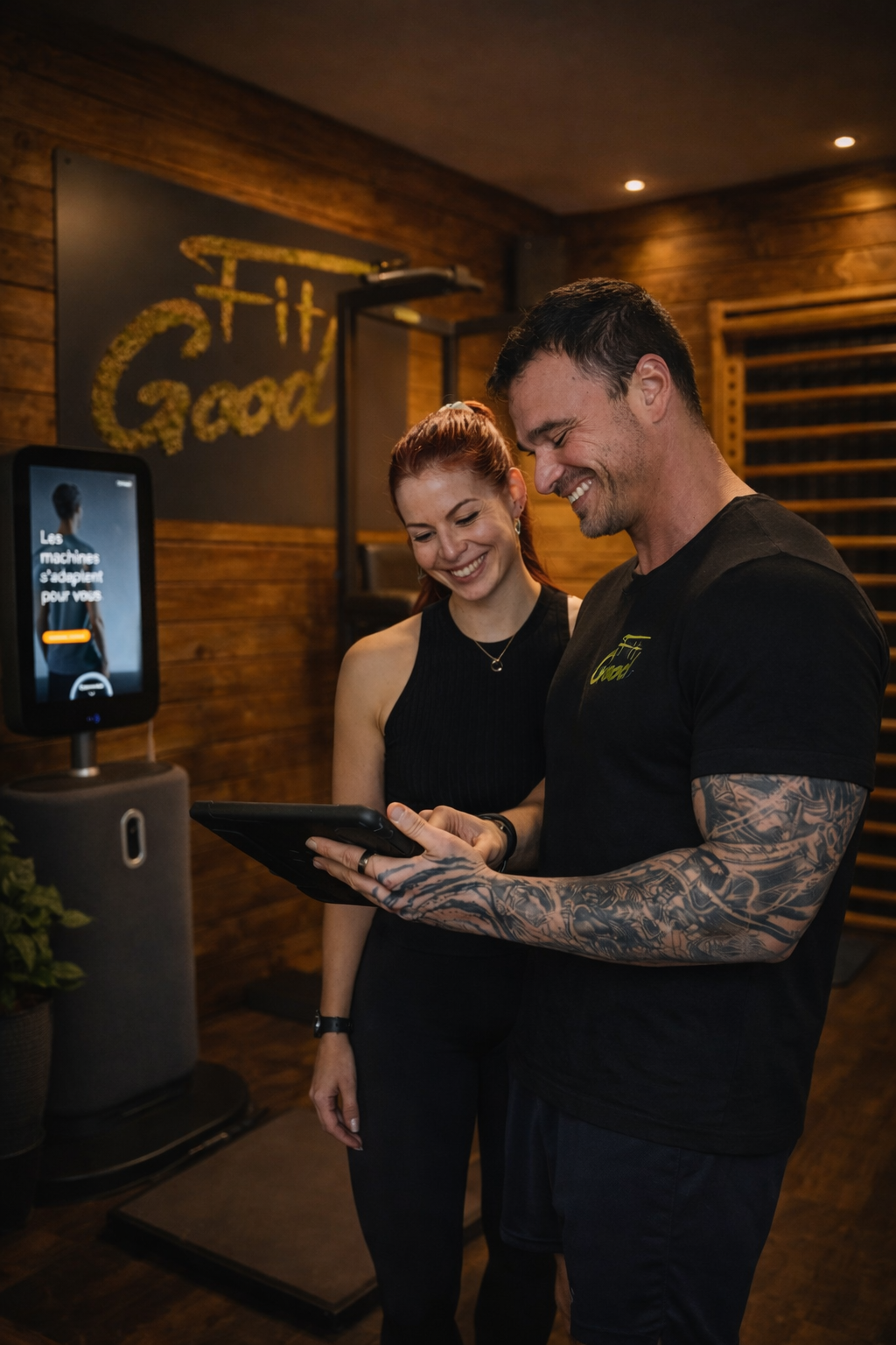 Nicolas et Lauren dans l'ambiance boisée et chaleureuse du club FitGood Nantes