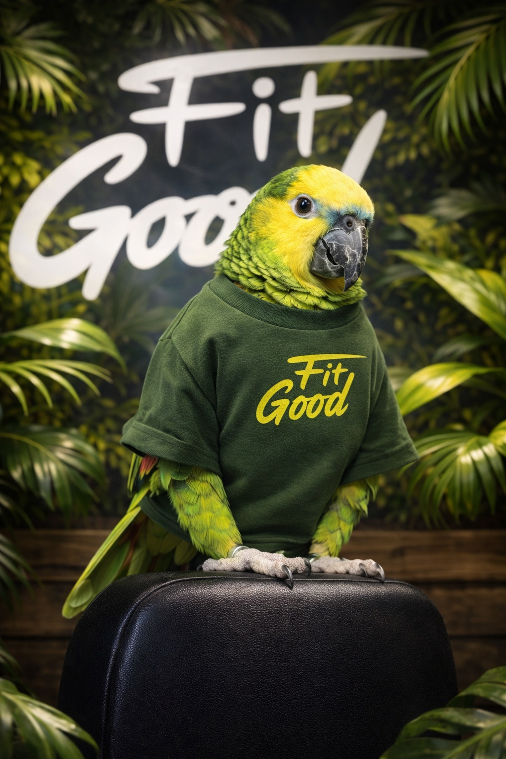 Paco amazone à front bleu mascotte du club FitGood Nantes