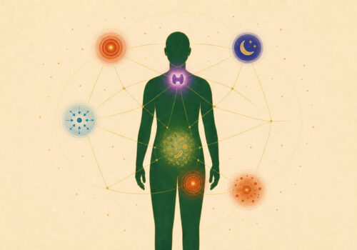 Illustration éditoriale : la synthèse des 6 hormones qui régulent la perte de poids (cortisol, insuline, thyroïde, sommeil, microbiote, inflammation) — FitGood Nantes