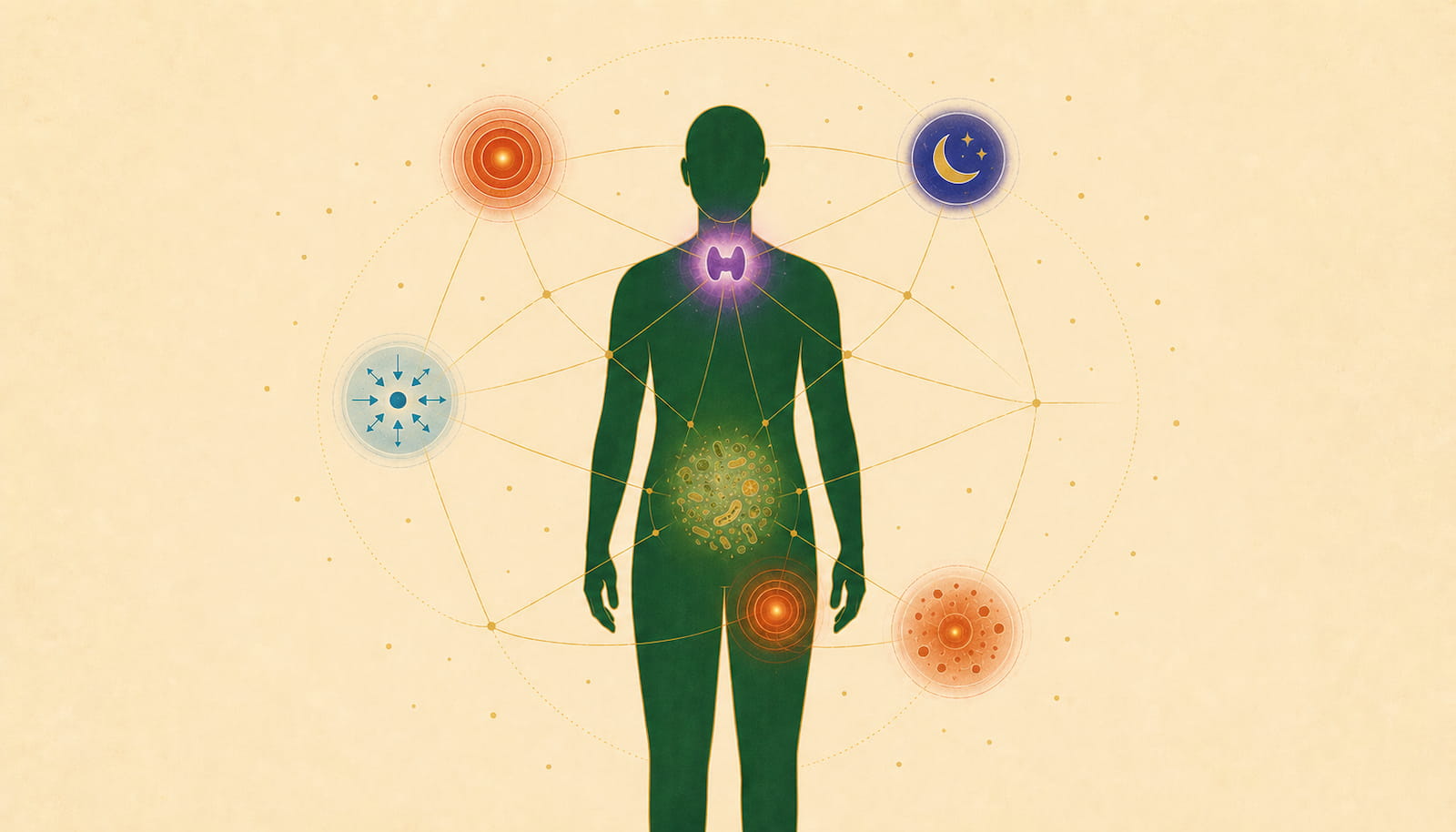 Illustration éditoriale : la synthèse des 6 hormones qui régulent la perte de poids (cortisol, insuline, thyroïde, sommeil, microbiote, inflammation) — FitGood Nantes