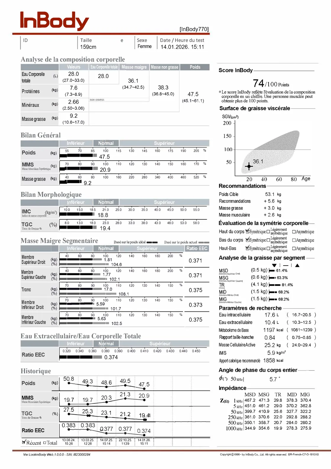 Exemple anonymisé d'un rapport InBody 770 complet — composition corporelle, masse maigre segmentaire, angle de phase, historique trimestriel